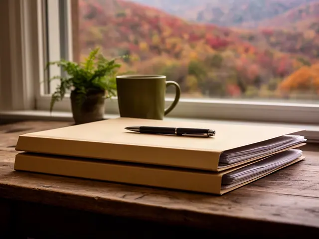 A neat stack of closed manila folders and a pen on a desk by a window.