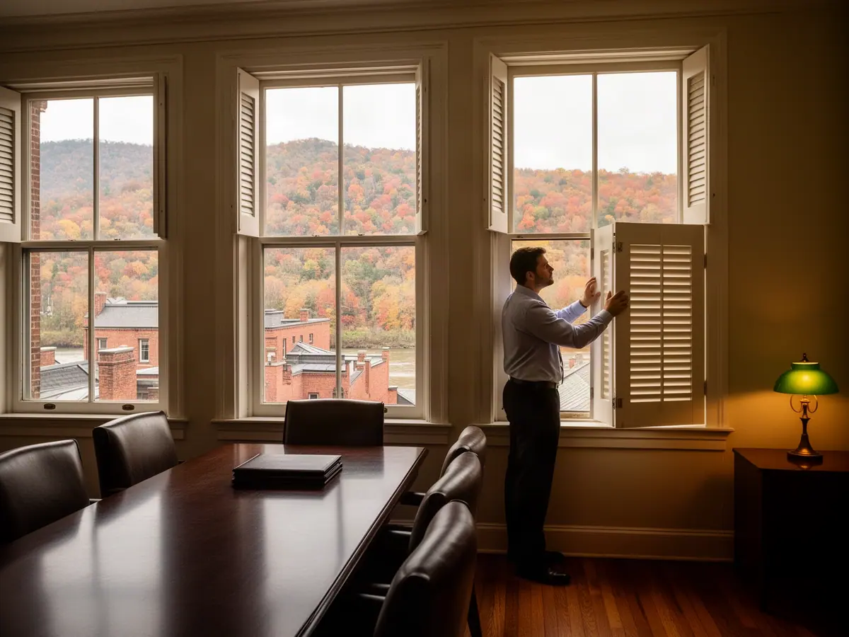 An attorney opening tall wooden shutters in a sunlit law office, a leather portfolio waiting on the conference table.
