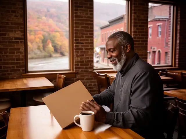 A restaurant owner seated with a folder in an empty dining room before opening.