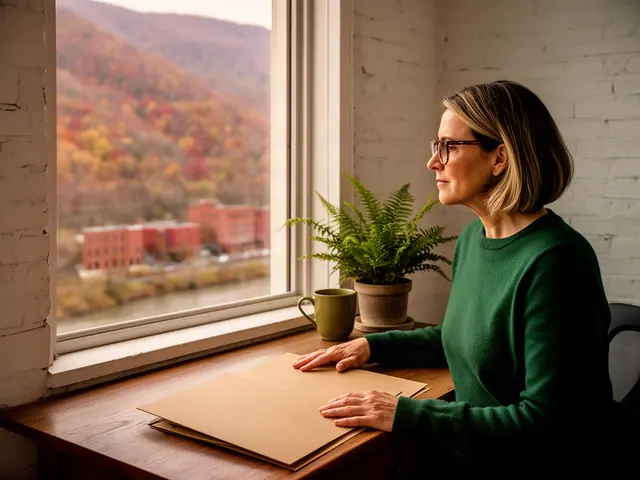 A woman with a dark-blonde bob and tortoiseshell glasses at a desk with a folder and a mug in a small back office.