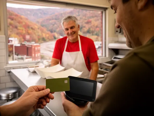 A customer taps a card on a counter terminal at a small hot-dog and chili lunch counter.