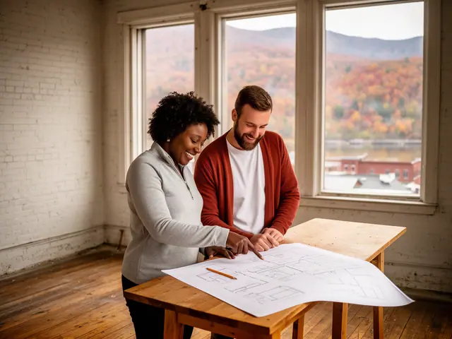 Two business partners looking over a pencil floor sketch in an empty storefront.